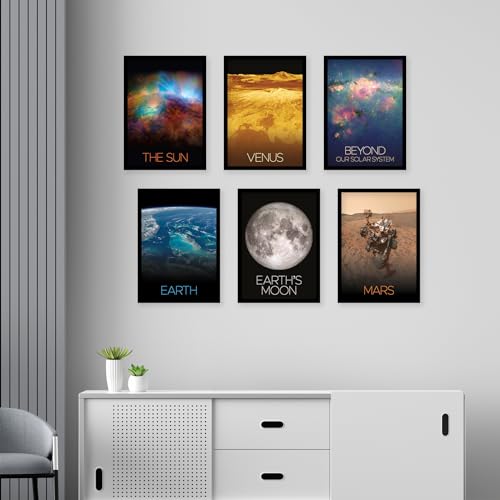 Image of CodersParadise Wood Space Wall Poster Frames - Pack Of 6 | 8 X 12Cm (A4 Size) | Aesthetic Artwork Framed Posters | Framed Posters For Living Room, Bedroom, Home And Office