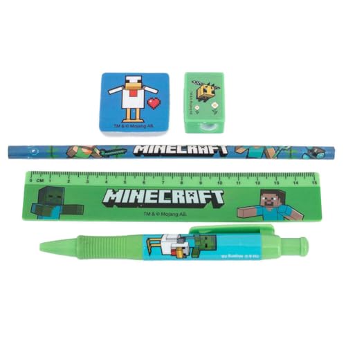 Minecraft 5-Piece Stationery Set Official Licensed School Supplies Kit Notebook Pencil Eraser Ruler Sharpener Set Back to School Stationery Kids Desk Accessories Gaming Fan Gift