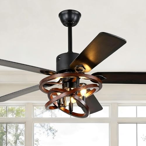 Image of 52 inch Farmhouse Ceiling Fan with Lights and Remote Rustic Fandelier | DIY Shape Caged Chandelier Light, for Bedroom Living Room Indoor, 3 E12 Bulbs (Not Included), Reversible Quiet DC Motor