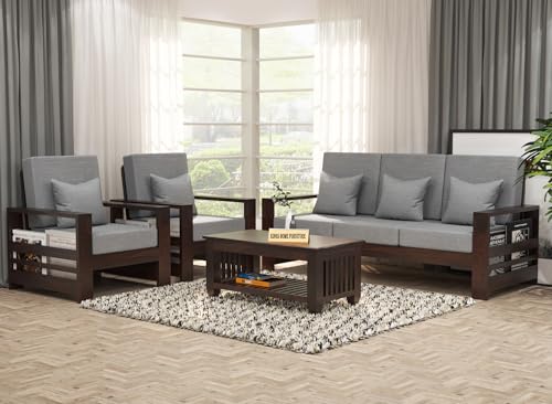 Image of Sheesham Wooden 5 Seater Sofa for Living Room | Rosewood 5 Seater Cushion Sofa with Side Rack | Solid Wood Sofa Set for Lounge (3+1+1,Walnut Finish)