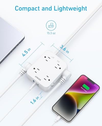 Anker Power Strip with 2000J Surge Protector, 5ft Outlet Extender, 20W, 8AC
