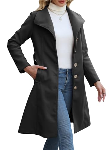 Bgylu Wool Coats for Women Winter Long Pea Coats Stand Collar Single Breasted Trench Coat with Belt(Black-L)