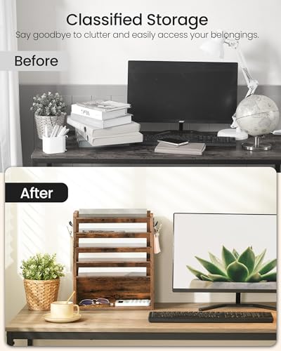 CHOEZON Archivador Vertical de Pared con 6 Niveles y Bandeja Inferior, Organizador en Madera Vintage de Carpetas o Revistas, Portadocumentos con 2 Ganchos Laterales, Marrón Vintage DMWJ01FG - imagen 9