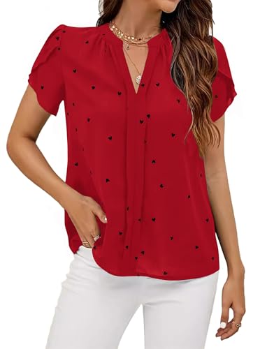 Avanova Women Heart Print Tulip Short Sleeve Shirt Blouse Notched V Neck Work Top3