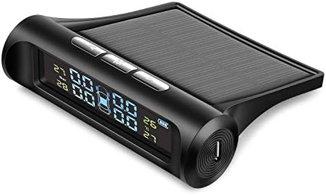 Flexzion Tire Pressure Monitoring System TPMS Solar Power Universal Wireless with 4 External Cap Sensor, Real-time Display Alarm, Automotive Tires' Pressure & Temperature Gauge for Car Vehicle Wheel
