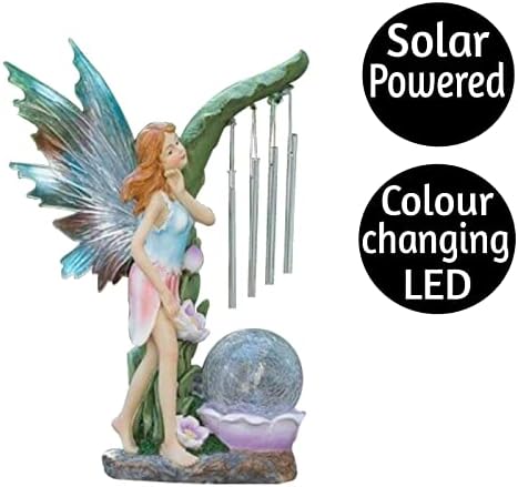 Spot on dealz® Fairy Garden Ornaments Outdoor with Wind Chime Colour Changing LED Solar Powered garden Statues Fairies Tale Large waterproof Figurine Crackle Ball Home Decor