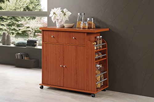 Hodedah Import Kitchen Island with Spice Rack and Towel Rack, Cherry