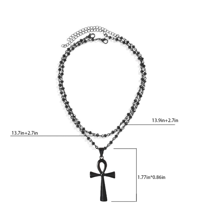 Gothic Bead Coptic Ankh Cross Necklace, Stainless Steel Ankh Cross Pendant, Black Gothic Layered Choker Necklace for Women.2