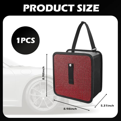 Image of Bling Car Trash Can with Rhinestone,Foldable Car Garbage Can for in-Vehicle Waste Disposal,Multipurpose Hanging Back Seat Organizer & Decorations Fit for Most Cars Trucks (Red)