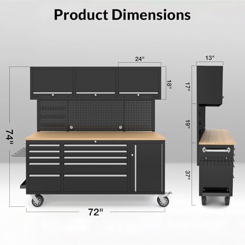 72-Rolling-Tool-Chest-Garage-Cabinets-Workbench-with-10-Storage-Drawers-and-Wheels-3-Upper-Cabinet-Pegboard-Light-Strip-Steel-Large-Tool-Box
