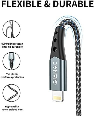 GIANAC USB C to Lightning Cable, iPhone Charger Cable 2M/6.6FT MFi Certified Nylon Braided PD Fast Lightning to Type C Charging Cable Lead Compatible with iPhone 12 11 Pro Max XR XS X 8 8 Plus-Silver