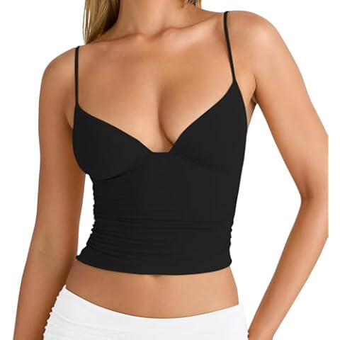 LCNBA Women's Sexy Deep V-Neck Ruched Sleeveless Crop Tank Top Spaghetti Straps Slim Fitted Summer Tops Black Medium Cover