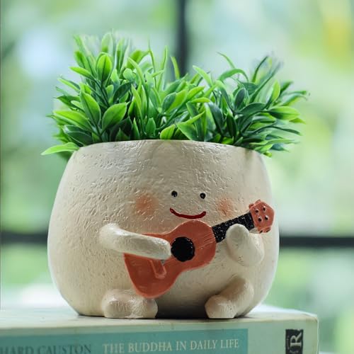 Image of Cute Guitar Planter Pot | Smiling Planters for Home Decor | Polyresin Plant Pot for Living Room Table Home Kitchen Decoration