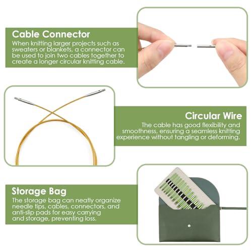 Interchangeable Circular Knitting Needles Set Premium Aluminum Knitting Kit 13 Pairs of 4 Inch with 4 Cables, Accessories and Storage Bag Green by TAEYONK - Used condition - Image 4