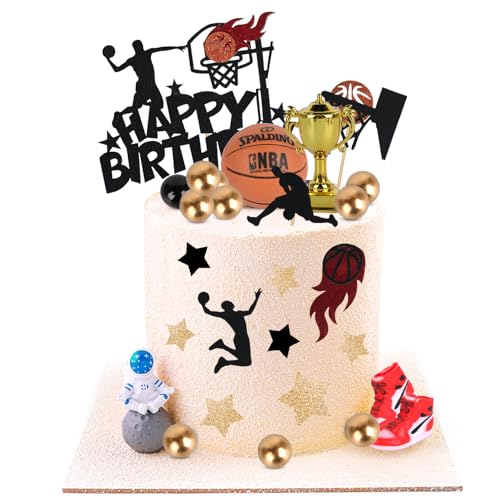 37 PCS Basketball Cake Toppers Set, Black Gold Basketball Star Themed Cake Decorations for Boys Birthday Sports Theme Party Supplies