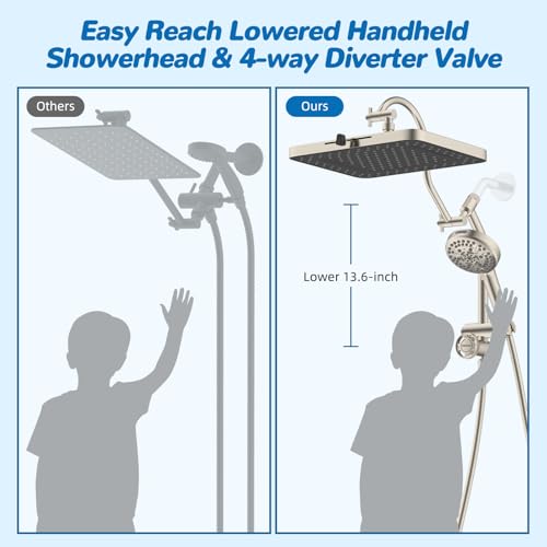 Hibbent cUPC Certified 13'' Shower Head Combo, High Pressure 5 Spray Rainfall Showerhead, 10 Spray Handheld, All Metal Easy Reach 4-way Diverter Arm with Pause Mode, 71'' Hose & Holder, Brushed Nickel by Hibbent - Image 5