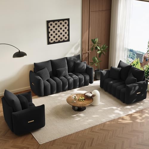 Image of OUYESSIR 3 Pieces Boucle Sofa for Living Room, Modern Deep Seat Sofa Chair & Loveseat & 3-Seater Couch, Oversized Cloud Sofa Couch Set, Comfy Upholstered Teddy Living Room Furniture, Black