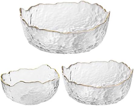 Glass Bowls,Mixing Salad Bowl Set of 3,Serving Bowls for Soup Fruit Dessert Pasta Curry Popcorn Cereal,Party Catering Use Fashion Gold Rim and Irregular Shape (3pcs)