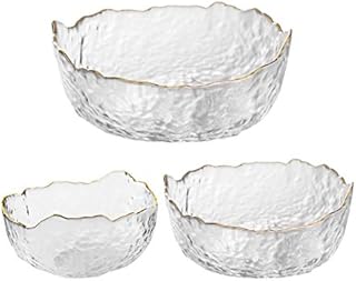 Glass Bowls,Mixing Salad Bowl Set of 3,Serving Bowls for Soup Fruit Dessert Pasta Curry Popcorn Cereal,Party Catering Use Fashion Gold Rim and Irregular Shape (3pcs)