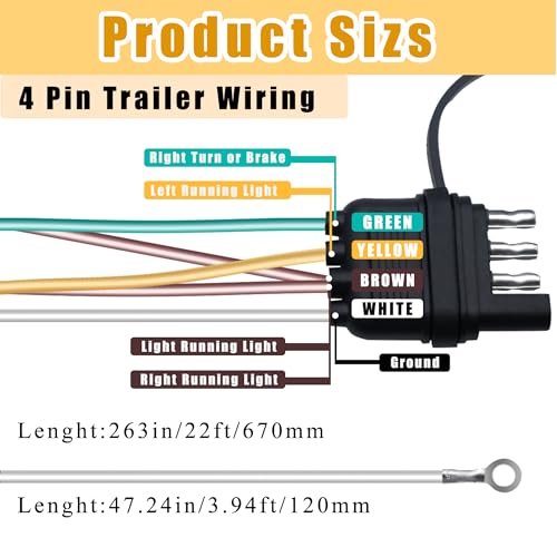 Ruibapa 4 Pin 5 Wire 22 FT 18AWG Trailer Wiring Harness,Trailer Connector Wire Plug for Rewiring Trailer Both-Side Taillights and RV Boat Wire Trailer Plug Pure Nylon Net Tube Protection