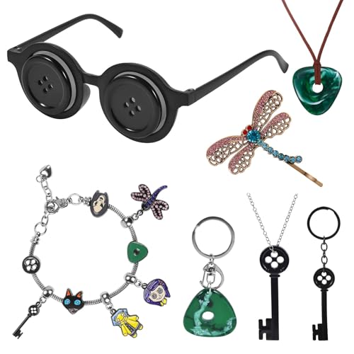 JAYUWE Accessories Set for Coraline, 7 Pieces, Button Eyes Glasses|Keychains|Bracelets|Necklace|Dragonfly Hair Clip for Women Men, Jewelry Compatible with Coraline Halloween Costume Cosplay Movie Props Dress Up