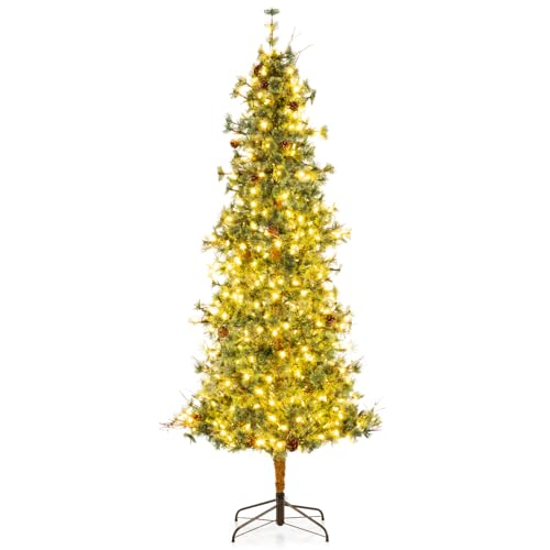Image of Goplus 8 FT Pre-Lit Artificial Christmas Tree, Cashmere Xmas Tree with 702 Pine Needles, 400 Warm White LED Lights with Bulb Cover, Natural Pine Cones, Foldable Metal Stand, Home Office Decoration
