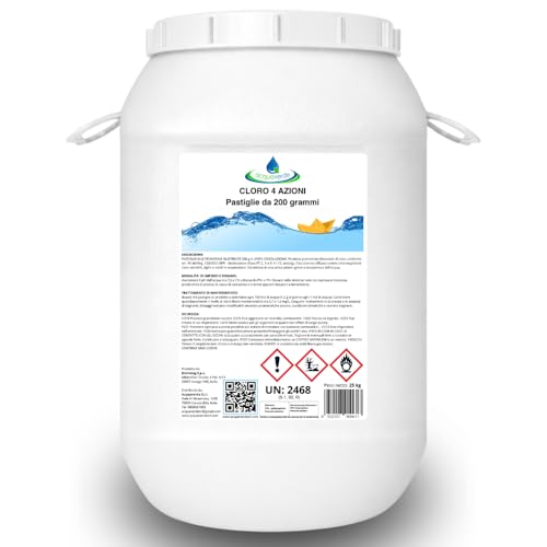 acquaverde | Cloro 4 AZIONI in Pastiglie da 200 grammi - 25 kg di Multiazione per Piscina, Trattamento Multifunzione: Clorante, Antialghe, Stabilizzante del Ph e Flocculante per Acqua di Piscine