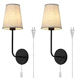 Pathson Set of 2 Plug In Fabric Wall Sconce Linen Cloth Shade, 1-Light Vintage Wall Light Fixture for Living Room Bedroom