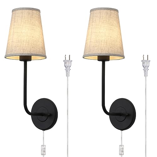 Image of Pathson Set of 2 Plug in Fabric Wall Sconce Linen Cloth Shade, 1-Light Vintage Wall Light Fixture for Living Room Bedroom