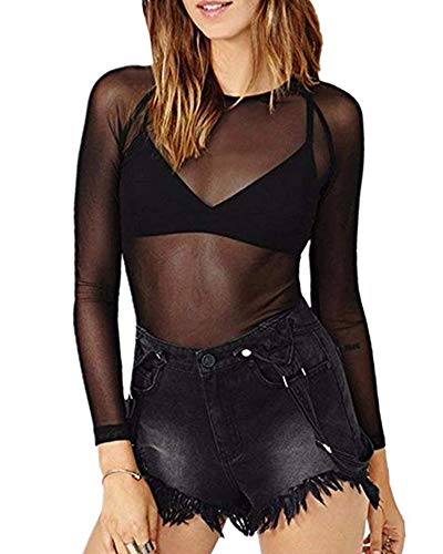 Women's Short Sleeve/Long Sleeve Bodycon Clubwear Sheer Pure Mesh Tops T Shirts (0-1028 (Black), Large)