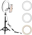 10" LED Selfie Ring Light with Tripod Stand & Cell Phone Holder for Live Stream/Makeup, BONFOTO Dimmable Desktop Camera Ringlight for YouTube Video/Photography Compatible with iPhone/Android