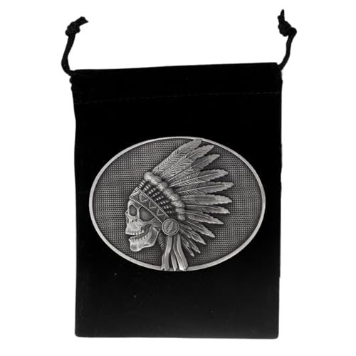 NJN Pewter Collectibles Indian Skull Design Belt Buckle w/Velvet Bag | Handcrafted from Lead-Free Pewter | Belt Buckle for Men & Women | Fits Standard Belts | Made in the USA