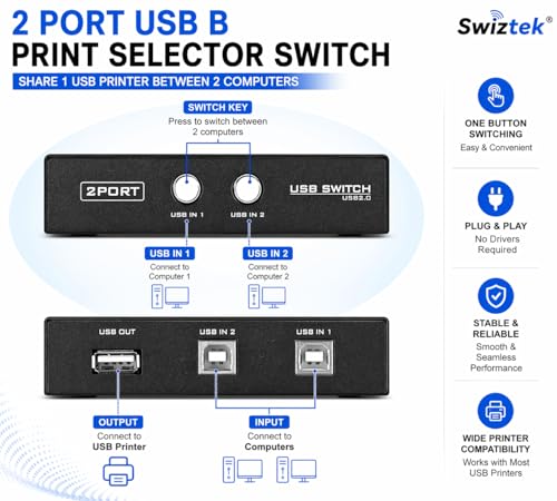 Image of Swiztek USB 2.0 Switch 2-Port USB Sharing Hub for PC | Share keyboard, mouse, printer and USB devices between two computers. Plug & play with manual switch button.