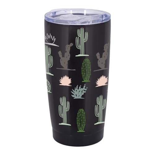 Elanze Designs Succulent Cactus Desert Plant Wrap-Around Design 20 Ounce Stainless Steel On-The-Go Coffee Mug, Thermal Travel Tumbler with Leak Resistant Slide Lid, Sleek Black