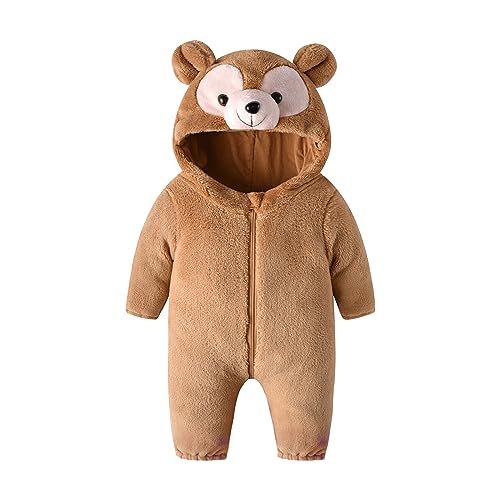 Image of YHLZBNH Newborn Infant Baby Fleece Jumpsuit Onesie Warm Hooded Thicken Rompers Animal Horn Snowsuit Winter Pajamas Outwear (3 Brown, 6-9 Months)