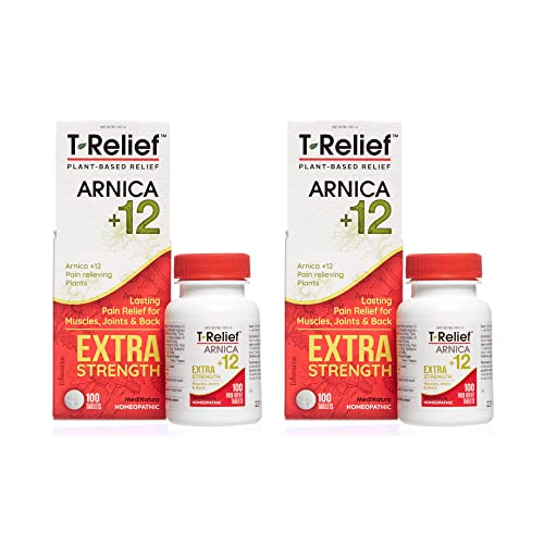 MediNatura T-Relief Extra Strength Pain Relief Arnica +12 Plant-Based Pain Relievers Reduce Back Pain, Joint Soreness, Muscle Aches, Stiffness - Non-Drowsy, Fast-Acting, Gluten-Free - 100 ct 2 Pack