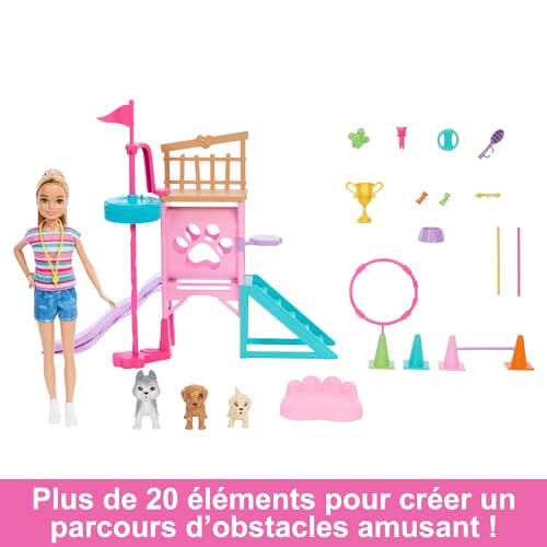 Barbie Coffret Parcours D’Obstacles Et Poupée Stacie Avec 3 Chiots À Entraîner, +20 Éléments, Terrain De Jeu Et Accessoires, Jouet Enfant, A Partir De 3 Ans, HRM10
