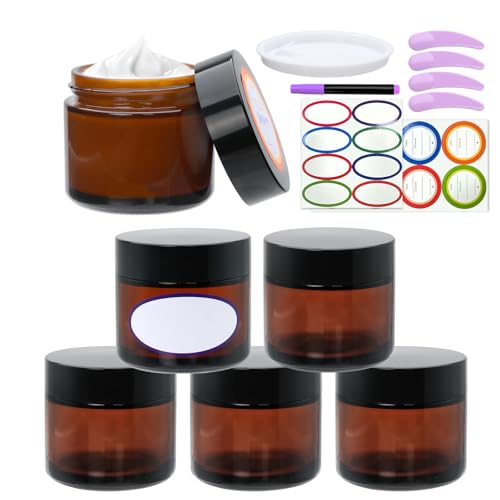 2oz Small Travel Containers with Black Lids,6 Pack Amber Glass Jars with Mini Disposable Spatula for Toiletries，Travel Storage，Makeup Beauty Products, Lotions, Powders and Ointments