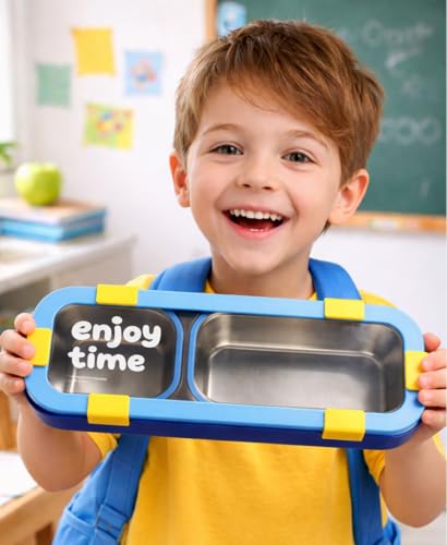 Image of Children's Stainless Steel Bento Lunch Box with 2 Compartments Durable Leakproof Reusable Tiffin Container for School, Daycare, Picnic, Travel & Outdoor Activities (BPA-Free Design)