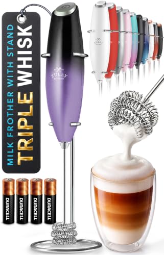 Image of Zulay Kitchen Powerful Milk Frother Wand With Duracell Batteries - Ultra Fast Handheld Drink Mixer - Electric Whisk Foam Maker for Coffee, Lattes, Cappuccino & Matcha - Triple Whisk - Nebula