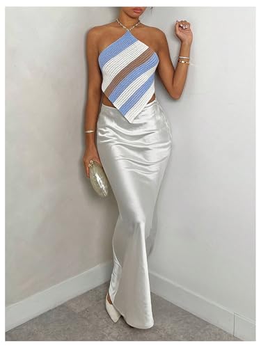 MakeMeChic Women's Crochet Striped Halter Tops Open Back Sleeveless Knit Sweater4