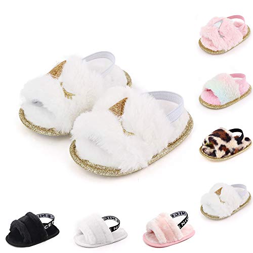 BiBeGoi Sandales pour bébé fille en fausse fourrure avec sangle élastique à l'arrière - Pantoufles plates antidérapantes et anti-chute - Noir - B Licorne blanche., 6-12 mois Cover