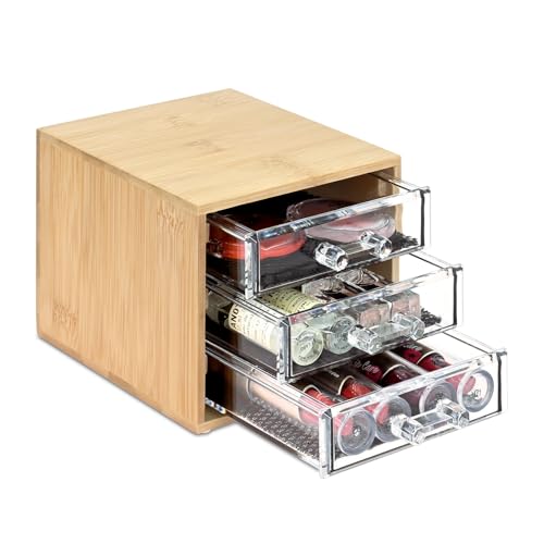 Ikee Design Bamboo Makeup Organizer, Desktop Drawer Organizer with Three Clear Acrylic Drawers, Office Desk Organizer for Lipsticks, Cosmetics, Jewelry, and Accessories for Vanity, Home