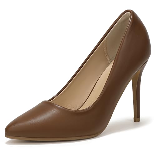 IDIFU Womens IN4 Classic Pointed Toe High Heels Pumps Wedding Dress Office Shoes(Brown Pu 8.5)