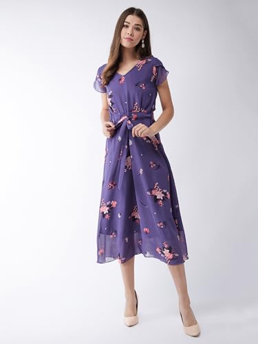 Image of Miss Chase Women Pleated V Neck Full Sleeves Relaxed Fit Midi Length Dress