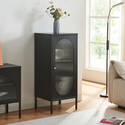 [en.casa] Armoire Vitrée avec Étagère et 4 Pieds Réglable Buffet Haut pour Salon Entrée Bureau Porte avec Fermeture Magnétique et Verre Strié Acier...