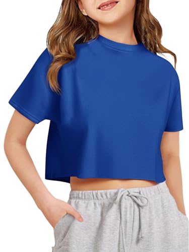 Image of Girls Athletic Oversized Crop Tops Kids Drop Shoulder Short Sleeve T Shirts Workout Tees 5-14 Years