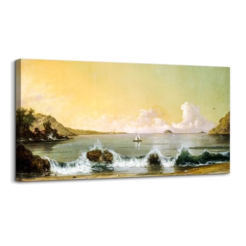 crmotu Large Landscape Wall Art, Beach Sunrise Dawn Vintage Painting, Bay Sailboat Scenery Art Prints, Coastal Wave Aesthetic Canvas Wall Decor Living Room Bedroom, Retro Nautical Pictures 20"X40"