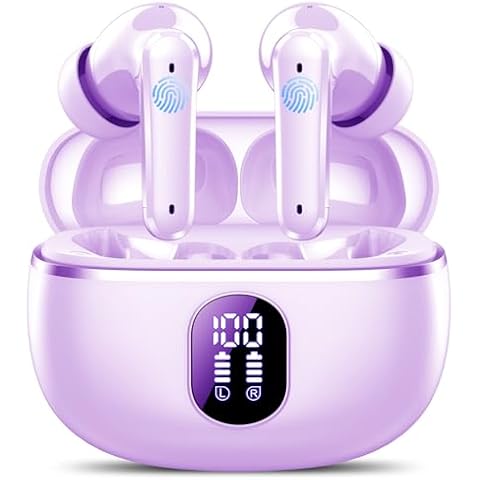 Wireless Earbuds Bluetooth 5.4 Headphones, 50 Hrs Playtime with LED Digital Display, ENC Call Noise Cancelling, 14.2mm Big Speakers Bass Stereo Ear Buds, IP7 Waterproof Earphones Sports Purple Cover