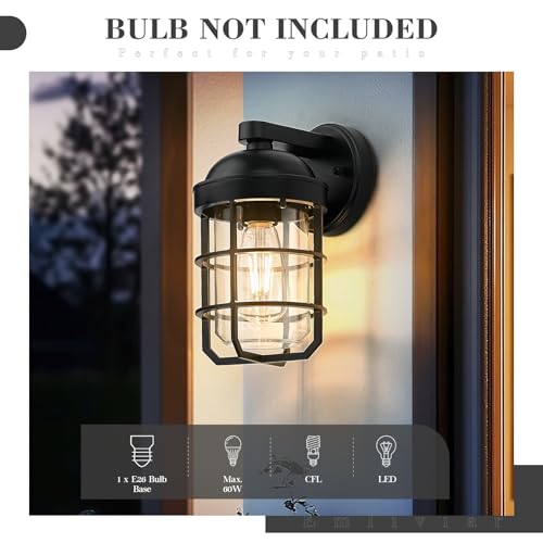 Image of Emliviar 2-Pack Outdoor Exterior Wall Light Fixtures for Porch, 11.3 Inch Black Wall Mount Lantern with E26 Bulb Base, Clear Tempered Glass, GE255BL-2PK BK